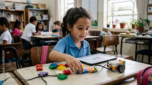 Little Innovator: A young girl in a classroom enthusiastically engages with a robotic kit, her hands busy arranging colorful blocks as she learns to code and build.
