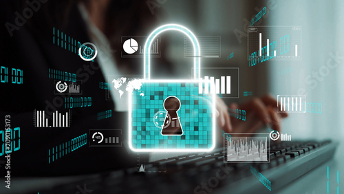 Tableau sur toile A modern workspace featuring a lock icon amidst digital graphs, symbolizing the importance of cyber security and data protection in today tech-driven world