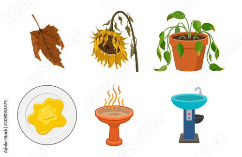 Set of Diverse Flat Style Icons Featuring Dried Foliage Wilting Plants and Everyday Objects