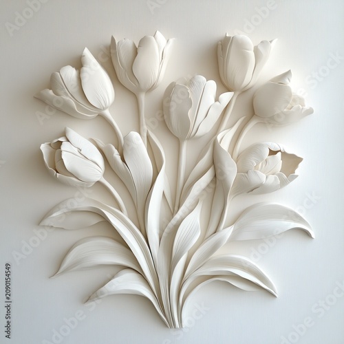 White sculpted tulip bouquet, detailed bas-relief art piece