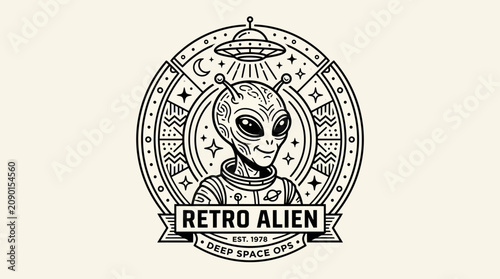 Foto Retro Alien Logo Emblem with UFO and Space Elements, Vintage Sci-Fi Design