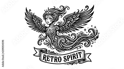 Obraz na płótnie Retro Spirit Winged Woman Goddess Crown Tattoo Design