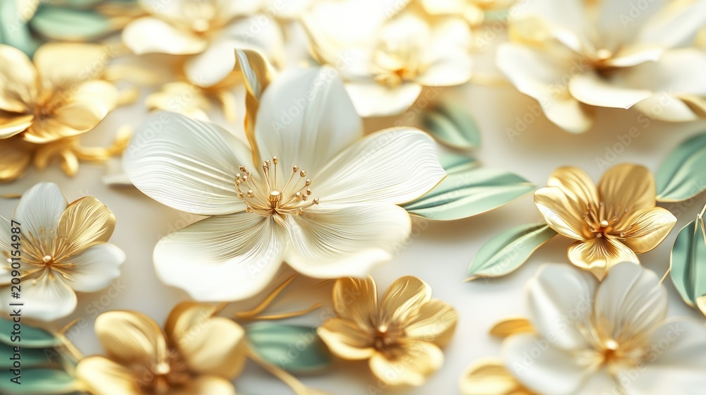 Fototapeta premium Delicate paper flowers in white and gold with green leaves for spring
