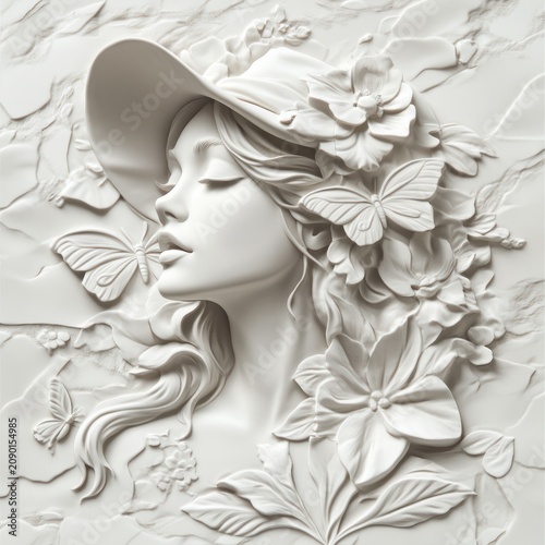 Elegant sculpted lady in floral hat and butterflies. Decorative art piece. Possible use Wall decor