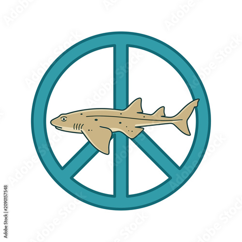 Obraz na płótnie Illustration of a Shark Silhouette Set Inside a Teal Blue Peace Symbol Circular