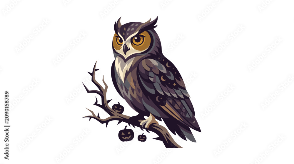 Fototapeta premium Halloween Owl on Branch: An illustration of a wise owl perched on a gnarled branch adorned with spooky jack-o'-lanterns, perfect for the Halloween season.