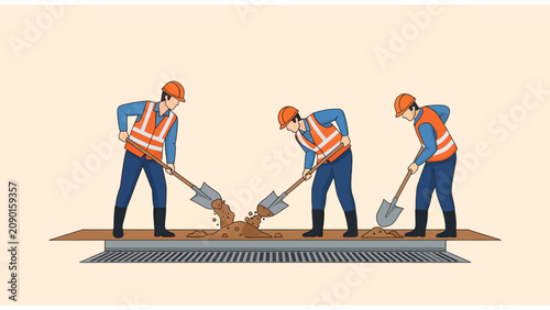 Flat vector illustration of three construction workers in safety gear digging with shovels.