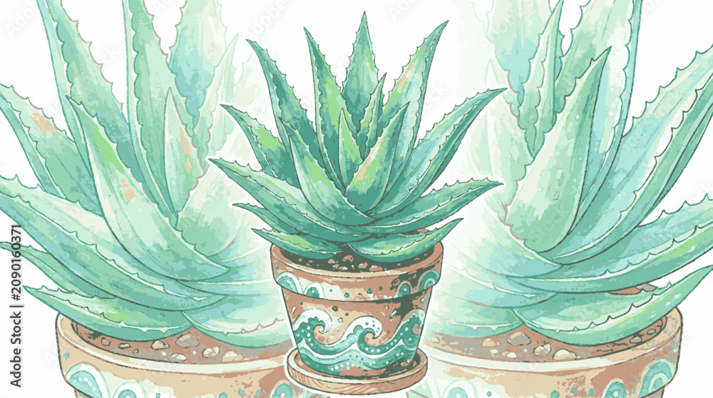 Obraz premium Watercolor illustration of potted succulent plants with wave patterned ceramic
