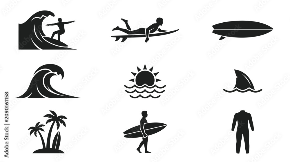 Obraz premium Black silhouette surfing icons set.
