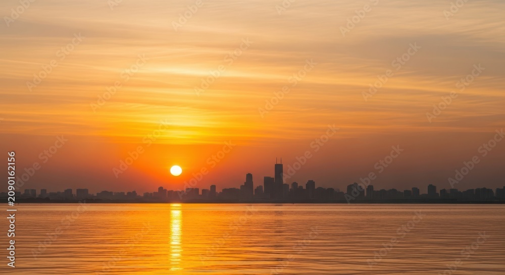 Fototapeta premium Golden hour city skyline at dusk stock photograph