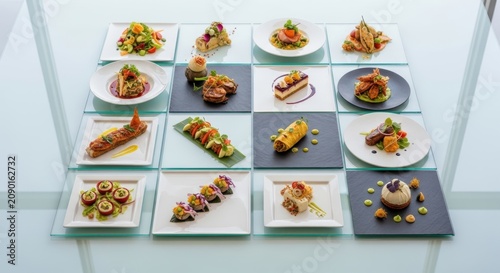 Assorted gourmet food taster plates stock photograph