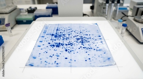 Two-dimensional gel electrophoresis 2D-GE gel with separated protein spots stained blue on a proteomics imaging platform.
