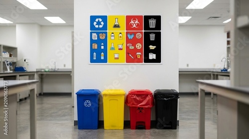 Laboratory waste segregation guide poster with colour-coded disposal categories on a waste station wall.
