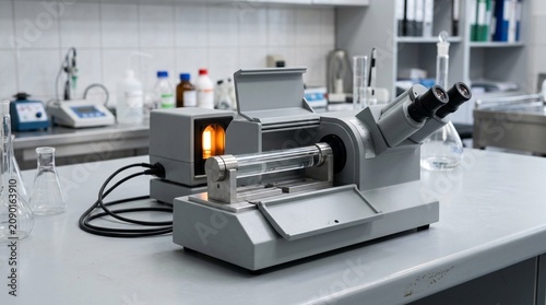 Polarimeter with a sodium lamp and a sample tube holder for optical rotation measurement in a pharmaceutical QC lab.