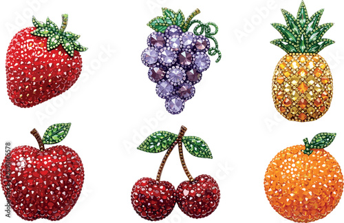 Luxury gemstone fruit brooch vector set featuring sparkling crystal strawberry grape pineapple apple cherry and orange jewelry icons