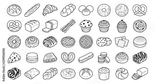 Fotografía Minimalist bakery icons set, 40 line art bread and pastry illustrations, black a