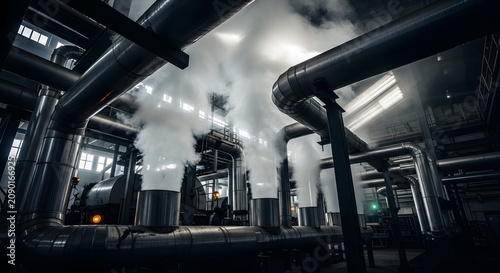 Industrial Steam Vents Emitting White Smoke in a Dark Factory Setting.