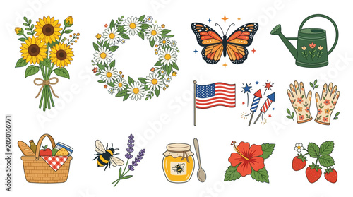 Vibrant still life of flowers, insects, and food on a picnic table outdoors.