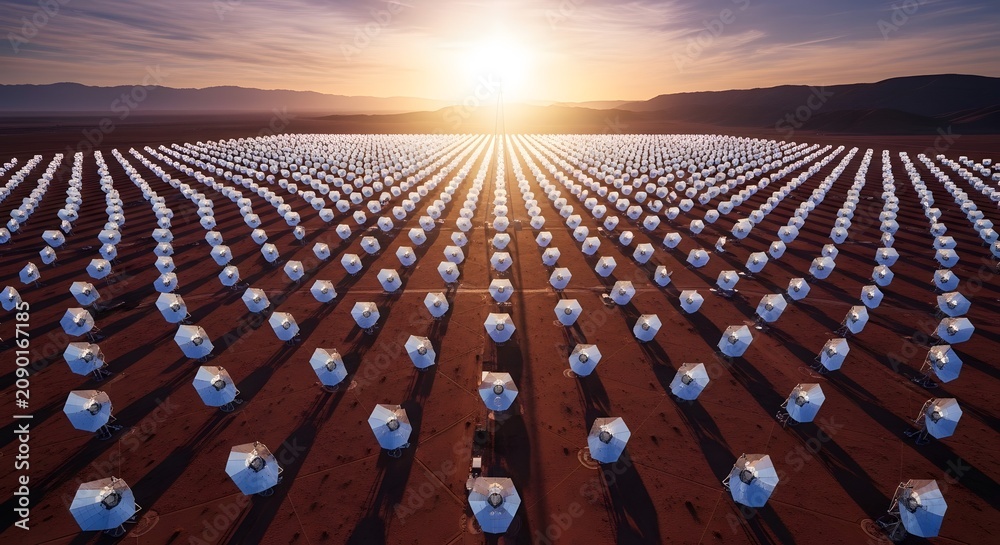 Fototapeta premium Vast Array of Radio Telescopes Under a Dramatic Sunset Sky.
