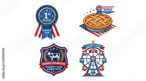 Vibrant fair badges and pie with rosette on table at county fair