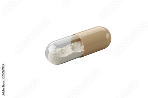Beige and transparent capsule filled with white powder, representing medical treatment, healthcare, drug, and pharmaceutical concepts