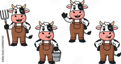 Foto Cute farmer cow character vector illustration set with pitchfork bucket and diff