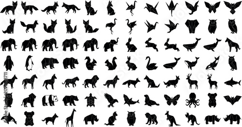 Collection of geometric origami animal silhouettes featuring low poly paper folding icons and wild fauna symbols isolated on white background.