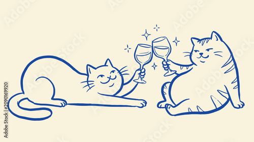 Anthropomorphic cats toasting with wine glasses at a social gathering for celebration and lifestyle greeting card design