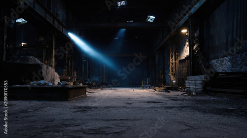 An abandoned industrial building with a single beam of light illuminating the dusty floor. The atmosphere is somber and mysterious