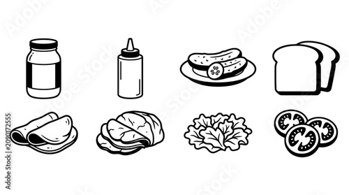 Minimalist black and white line art of condiments, vegetables, and food items for restaurant, cooking, and culinary design use, purely graphic illustration