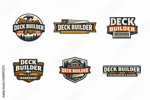 Deck builder logos showing tools, timber, and outdoor home elements for carpentry, woodworking, and construction businesses
