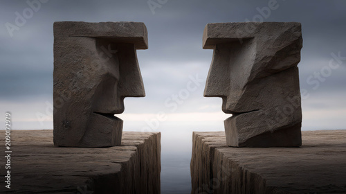 Two monolithic stone heads facing each other across a chasm. The sky is overcast and the water below is calm