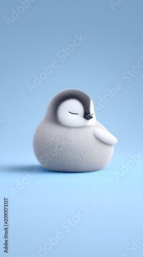Adorable Fluffy Baby Penguin Sleeping Peacefully Against Soft Blue Background for Cute Animal Art and Nursery Decor