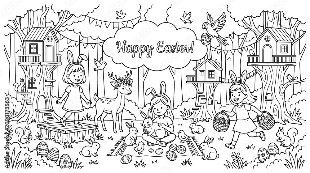 Obraz premium Happy Easter coloring page forest scene with kids bunnies and deer.