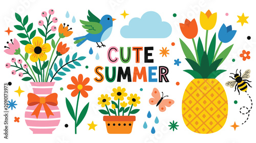 Canvastavla Cute summer vibrant illustration with flowers, a pineapple, bee, bird, and cloud