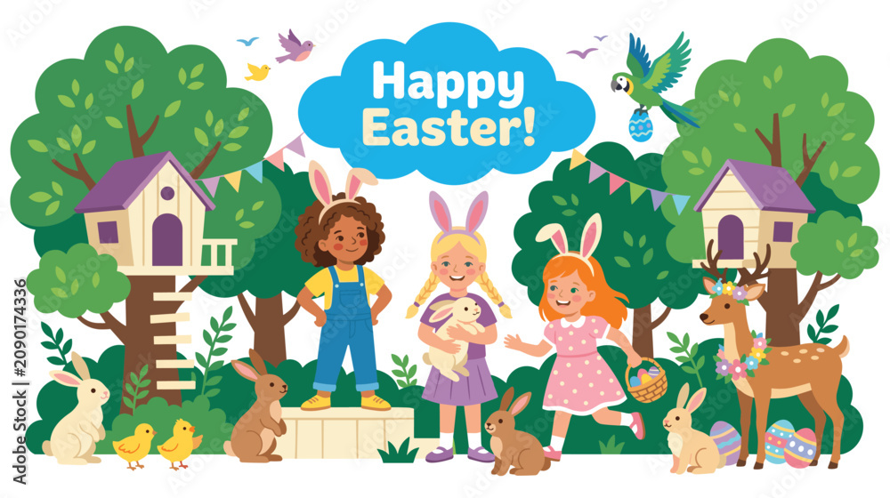 Fototapeta premium Happy easter lettering on blue cloud, three girls with bunny ears among cartoon forest animals.