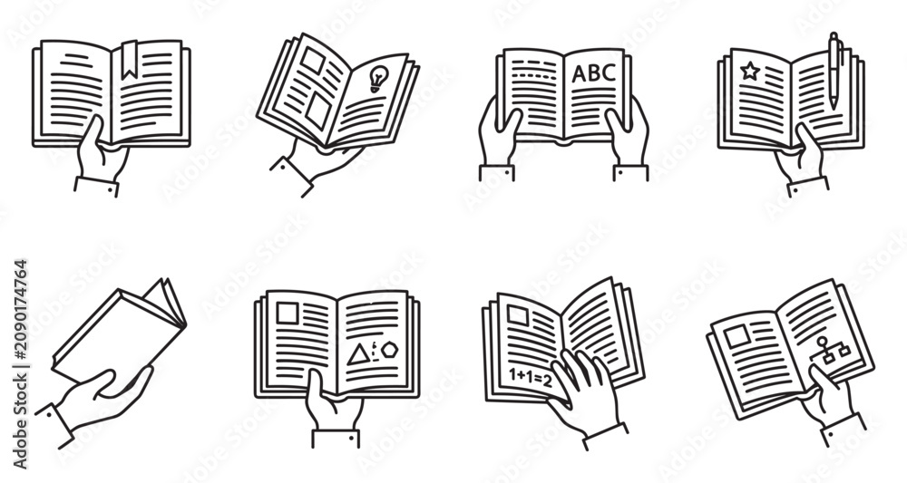 Fototapeta premium Hands hold open books with different pages and content illustrating reading knowledge and education.
