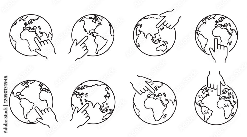 Fototapeta premium Hands touching and pointing to globe showing different continents.