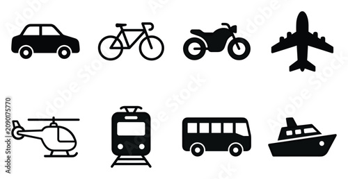 Transportation vector icon set with car, bicycle, motorcycle, airplane, helicopter, train, bus and ship black silhouette collection for travel, transit systems and vehicle service design