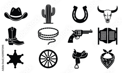 Western cowboy vector icon set with hat, cactus, horseshoe, bull skull, boot, sheriff star, wagon wheel, revolver, lasso rope and bandana black silhouette collection for ranch and rodeo design