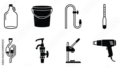 Plumbing and repair tools vector icon set with water bottle, bucket, pipe,thermometer, valve, faucet, plunger and electric drill black silhouette collection for maintenance service and hardware design