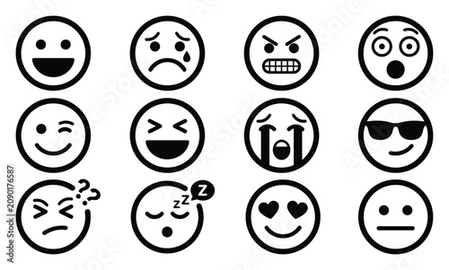 Emotions and smiley faces vector icon set with happy, sad, angry, surprised, cool, crying, laughing, sleeping, in love and neutral emoji expressions black silhouette collection for chat and UI design