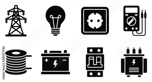 Electric power and energy vector icon set with transmission tower, light bulb, power outlet, mobile charging station, cable spool, battery, generator and transformer black silhouette collection 