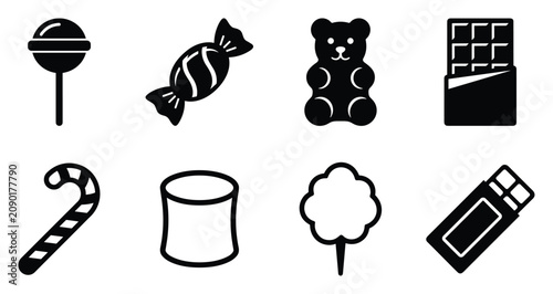 Sweet candy and confectionery vector icon set with lollipop, wrapped candy, gummy bear, chocolate bar, candy cane, marshmallow, cotton candy and chocolate stick black silhouette collection for dessert
