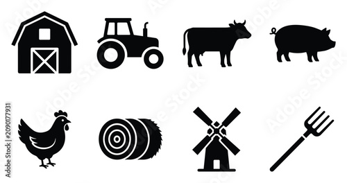Farm agriculture vector icon set with barn, tractor, cow, pig, chicken, hay bale, windmill and pitchfork black silhouette collection for rural farming, livestock, organic food branding,UI and web des