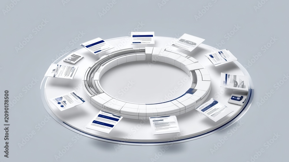 Naklejka premium The layout showcases a round structure with segments displaying modular cards around the edge, focused on a clean central area for content.