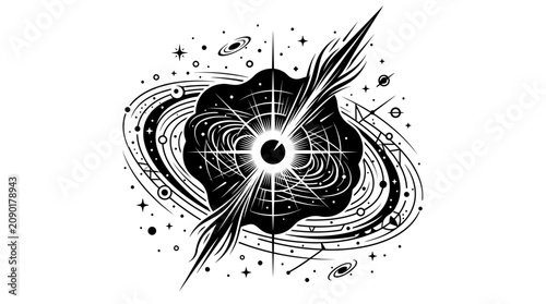 Abstract Black Hole Galaxy Illustration, Cosmic Energy Burst, Swirling Nebula, Stars