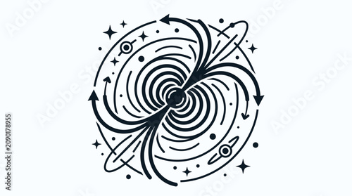 Abstract Black Hole Swirl with Stars and Planets, Cosmic Vortex Illustration