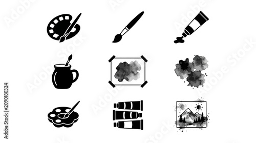 Art supplies and painting tools.