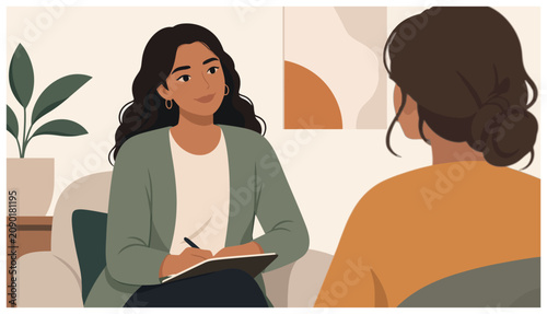 Woman talking to therapist indoors.